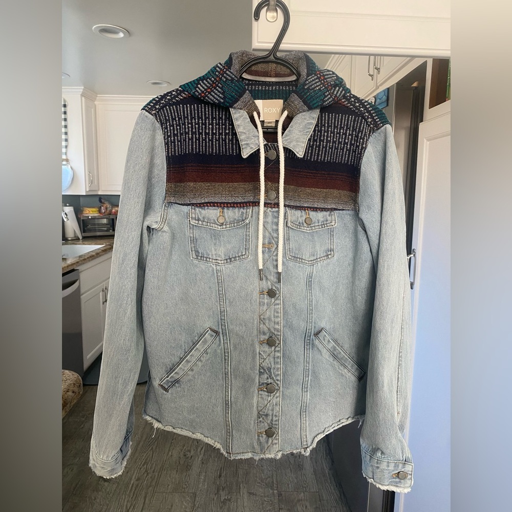 Women’s Size XL- “Roxy” Hooded Jean Jacket with Teal and Navy Knit Yoke